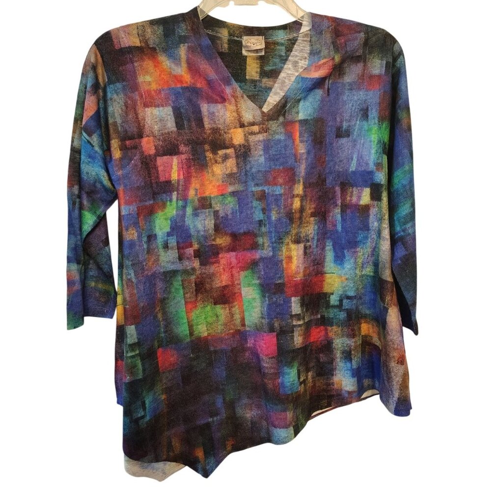 Et. Lois Medium Tunic Top, Uneven Hem, Abstract Color Block 3/4 Sleeve, V-Neck